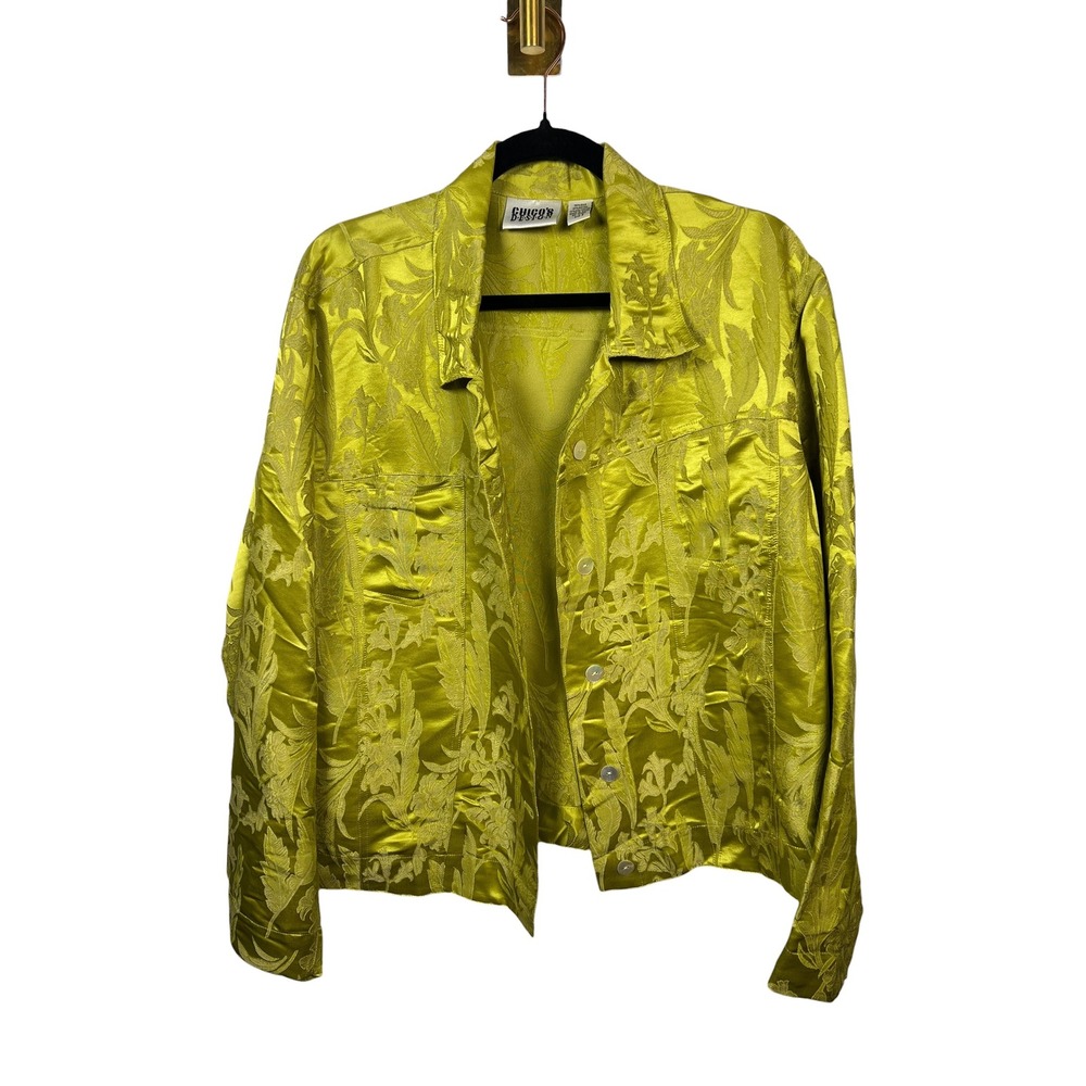Chico's Design Silk Blend Floral Jacquard Jacket Chartreuse Green Button Up Sz 3